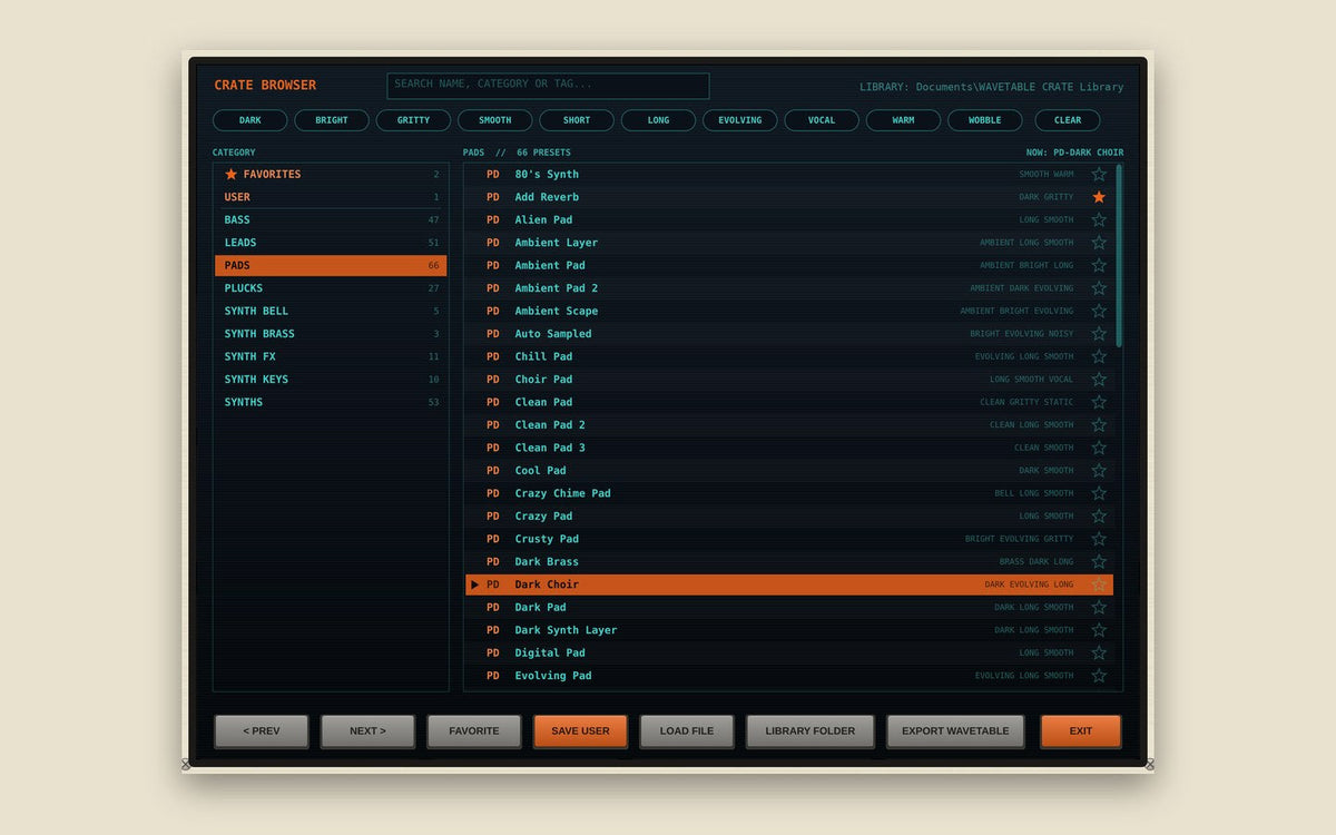 WAVETABLE CRATE Crate Browser with search and tags