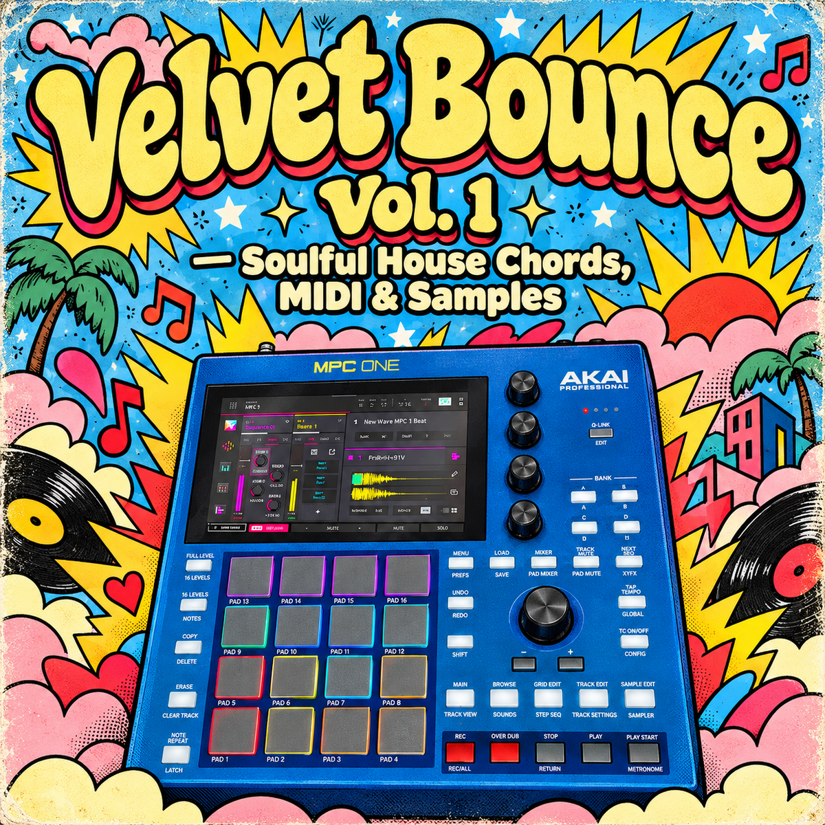 Velvet Bounce Vol. 1 soulful house chord pack cover with blue MPC ONE G2 and vibrant vintage artwork