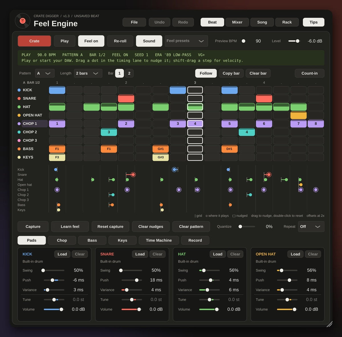CRATE DIGGER full window: step grid, timing lane and drum pads