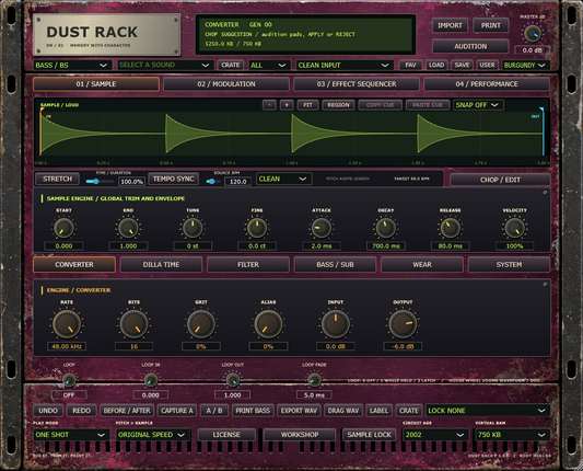 DUST RACK current v1.1 sampler interface with Workshop and Sample Lock