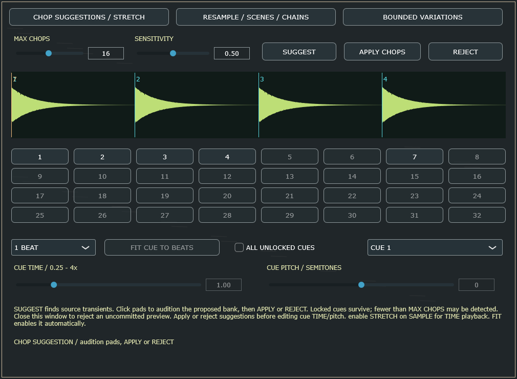 DUST RACK v1.1 Workshop chop suggestions and per-cue stretch