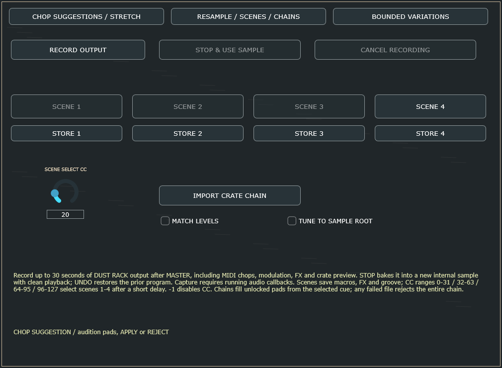DUST RACK v1.1 live resampling, performance scenes and crate chains