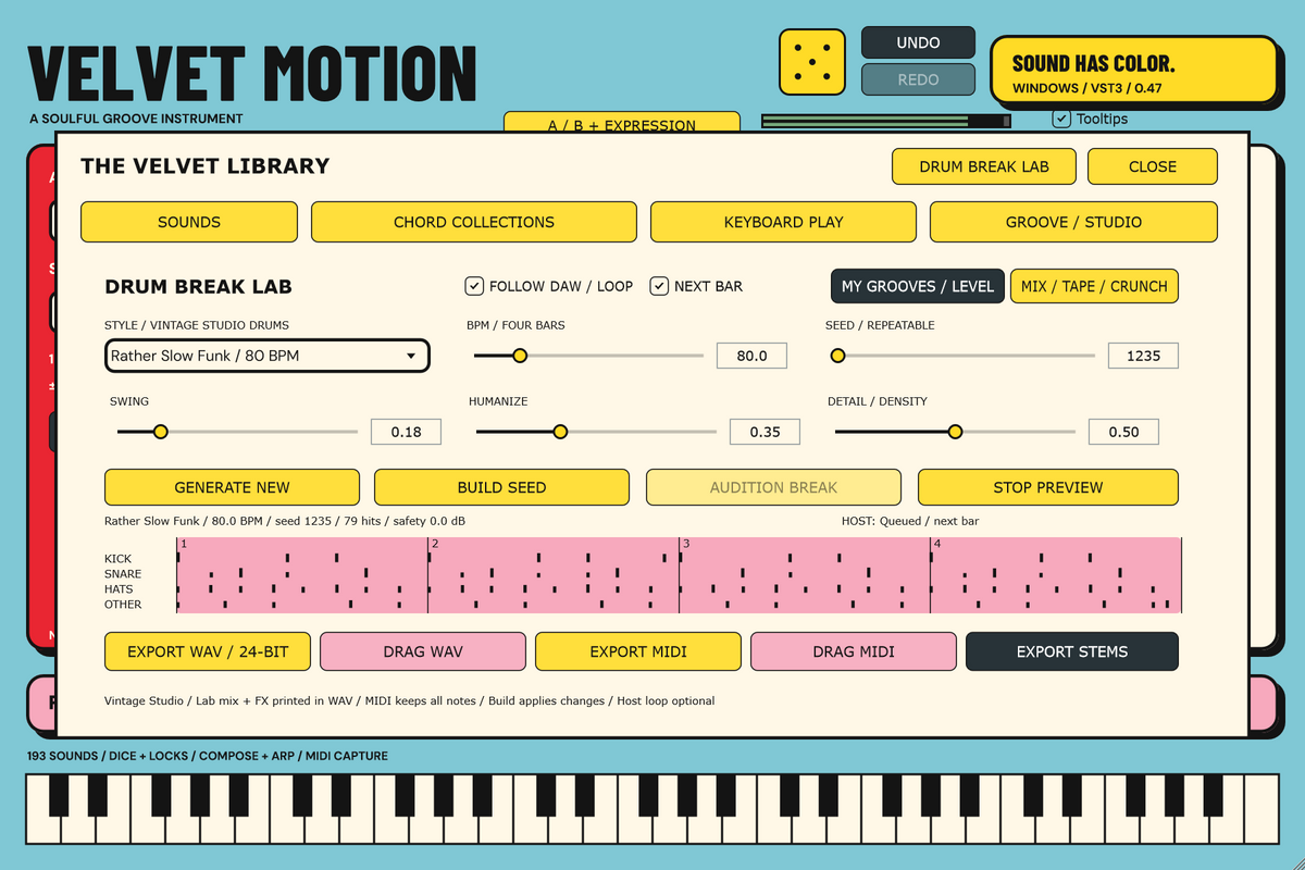 VELVET MOTION Windows 0.47 Drum Break Lab with next-bar switching and stem export